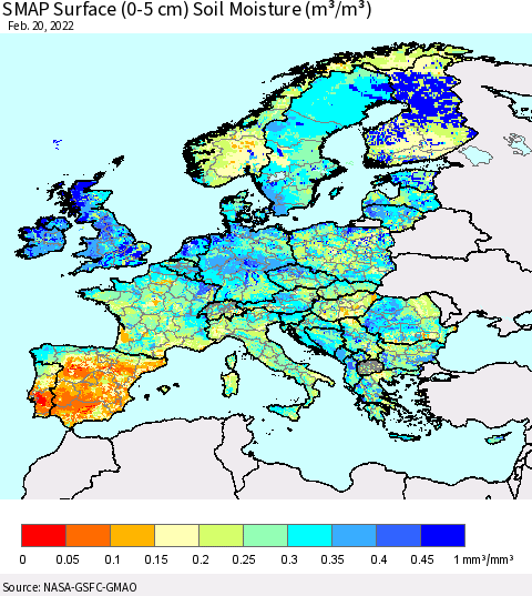 Europe SMAP Surface (0-5 cm) Soil Moisture (m³/m³) Thematic Map For 2/16/2022 - 2/20/2022