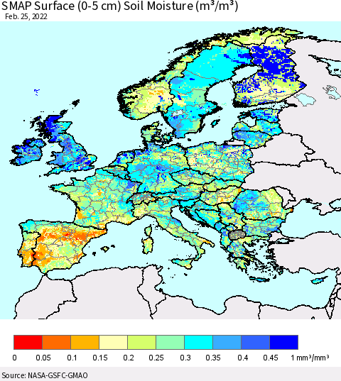 Europe SMAP Surface (0-5 cm) Soil Moisture (m³/m³) Thematic Map For 2/21/2022 - 2/25/2022