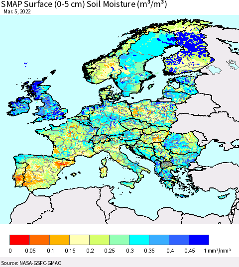 Europe SMAP Surface (0-5 cm) Soil Moisture (m³/m³) Thematic Map For 3/1/2022 - 3/5/2022