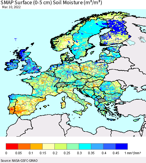 Europe SMAP Surface (0-5 cm) Soil Moisture (m³/m³) Thematic Map For 3/6/2022 - 3/10/2022