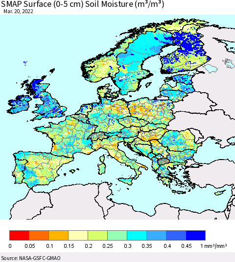 Europe SMAP Surface (0-5 cm) Soil Moisture (m³/m³) Thematic Map For 3/16/2022 - 3/20/2022