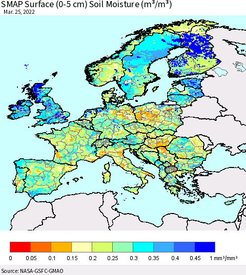 Europe SMAP Surface (0-5 cm) Soil Moisture (m³/m³) Thematic Map For 3/21/2022 - 3/25/2022