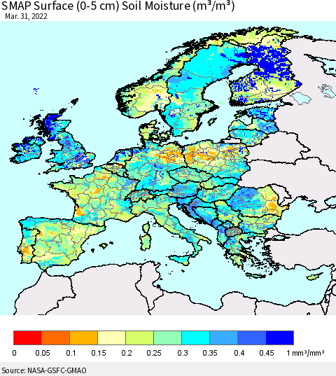 Europe SMAP Surface (0-5 cm) Soil Moisture (m³/m³) Thematic Map For 3/26/2022 - 3/31/2022