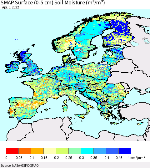 Europe SMAP Surface (0-5 cm) Soil Moisture (m³/m³) Thematic Map For 4/1/2022 - 4/5/2022