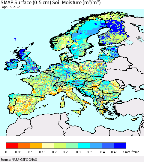 Europe SMAP Surface (0-5 cm) Soil Moisture (m³/m³) Thematic Map For 4/11/2022 - 4/15/2022