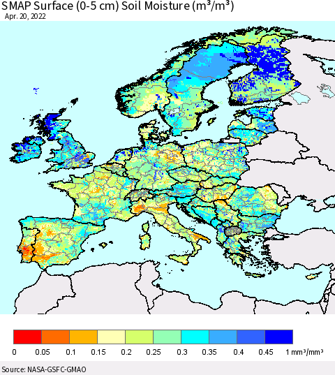 Europe SMAP Surface (0-5 cm) Soil Moisture (m³/m³) Thematic Map For 4/16/2022 - 4/20/2022