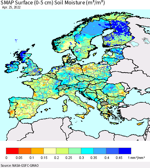 Europe SMAP Surface (0-5 cm) Soil Moisture (m³/m³) Thematic Map For 4/21/2022 - 4/25/2022