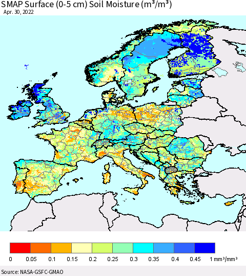 Europe SMAP Surface (0-5 cm) Soil Moisture (m³/m³) Thematic Map For 4/26/2022 - 4/30/2022