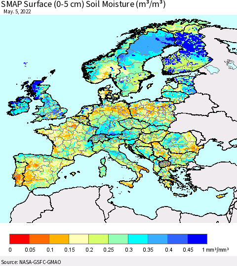 Europe SMAP Surface (0-5 cm) Soil Moisture (m³/m³) Thematic Map For 5/1/2022 - 5/5/2022