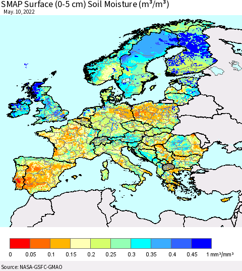 Europe SMAP Surface (0-5 cm) Soil Moisture (m³/m³) Thematic Map For 5/6/2022 - 5/10/2022