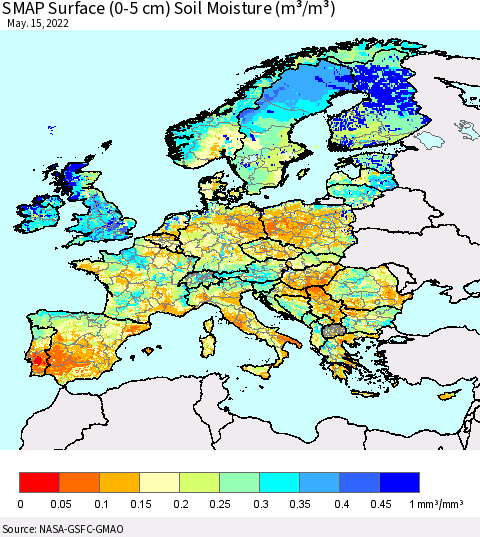 Europe SMAP Surface (0-5 cm) Soil Moisture (m³/m³) Thematic Map For 5/11/2022 - 5/15/2022