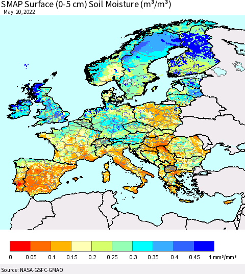 Europe SMAP Surface (0-5 cm) Soil Moisture (m³/m³) Thematic Map For 5/16/2022 - 5/20/2022