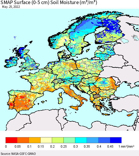 Europe SMAP Surface (0-5 cm) Soil Moisture (m³/m³) Thematic Map For 5/21/2022 - 5/25/2022