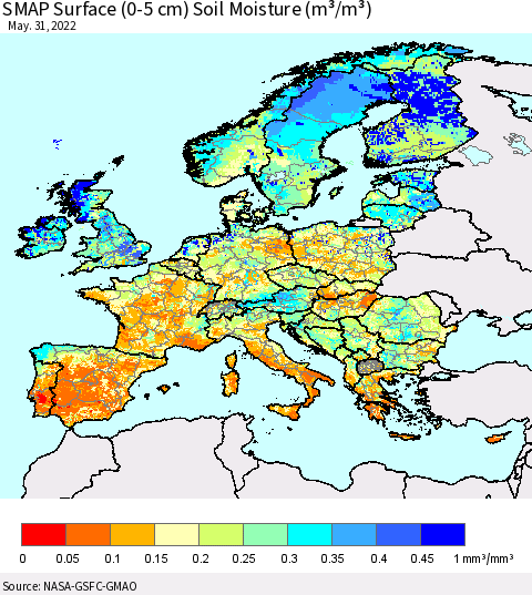 Europe SMAP Surface (0-5 cm) Soil Moisture (m³/m³) Thematic Map For 5/26/2022 - 5/31/2022