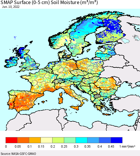 Europe SMAP Surface (0-5 cm) Soil Moisture (m³/m³) Thematic Map For 6/6/2022 - 6/10/2022
