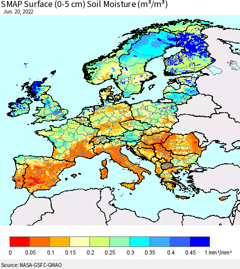 Europe SMAP Surface (0-5 cm) Soil Moisture (m³/m³) Thematic Map For 6/16/2022 - 6/20/2022