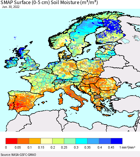 Europe SMAP Surface (0-5 cm) Soil Moisture (m³/m³) Thematic Map For 6/26/2022 - 6/30/2022