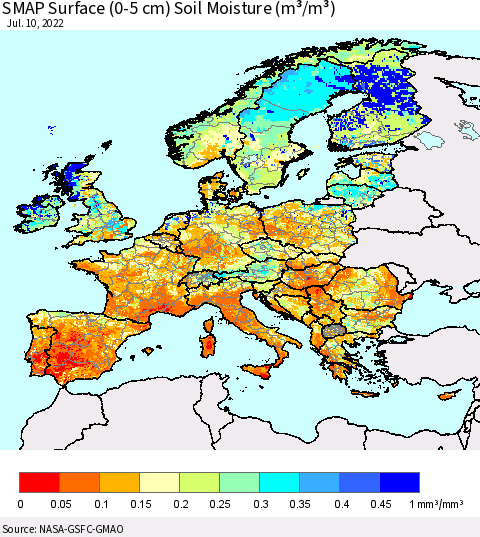 Europe SMAP Surface (0-5 cm) Soil Moisture (m³/m³) Thematic Map For 7/6/2022 - 7/10/2022