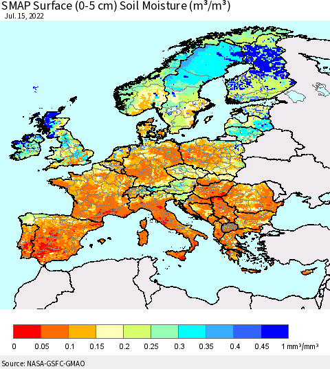 Europe SMAP Surface (0-5 cm) Soil Moisture (m³/m³) Thematic Map For 7/11/2022 - 7/15/2022