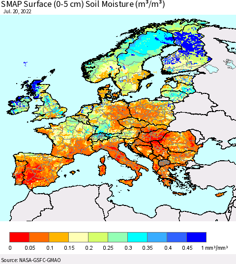 Europe SMAP Surface (0-5 cm) Soil Moisture (m³/m³) Thematic Map For 7/16/2022 - 7/20/2022