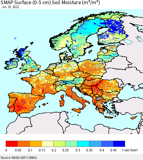 Europe SMAP Surface (0-5 cm) Soil Moisture (m³/m³) Thematic Map For 7/21/2022 - 7/25/2022
