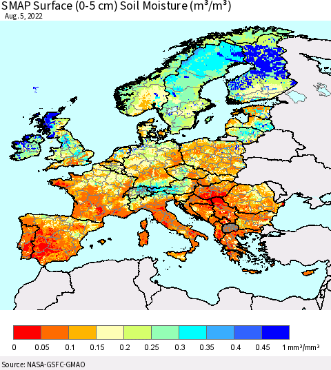Europe SMAP Surface (0-5 cm) Soil Moisture (m³/m³) Thematic Map For 8/1/2022 - 8/5/2022