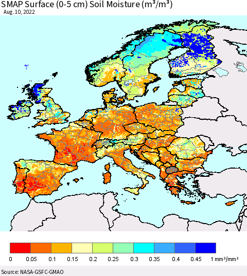 Europe SMAP Surface (0-5 cm) Soil Moisture (m³/m³) Thematic Map For 8/6/2022 - 8/10/2022