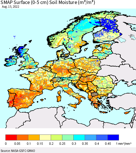 Europe SMAP Surface (0-5 cm) Soil Moisture (m³/m³) Thematic Map For 8/11/2022 - 8/15/2022