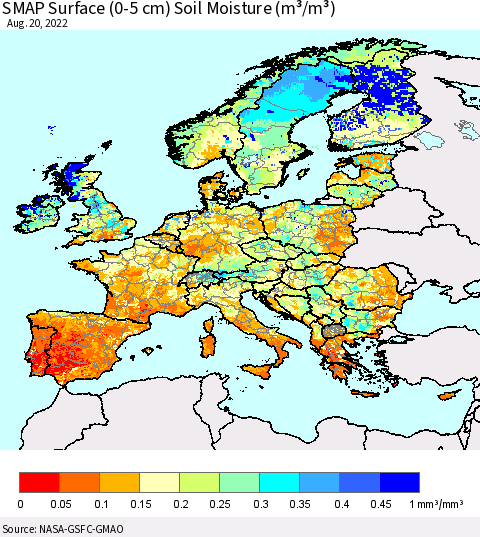 Europe SMAP Surface (0-5 cm) Soil Moisture (m³/m³) Thematic Map For 8/16/2022 - 8/20/2022