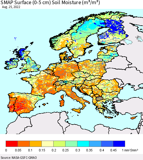 Europe SMAP Surface (0-5 cm) Soil Moisture (m³/m³) Thematic Map For 8/21/2022 - 8/25/2022