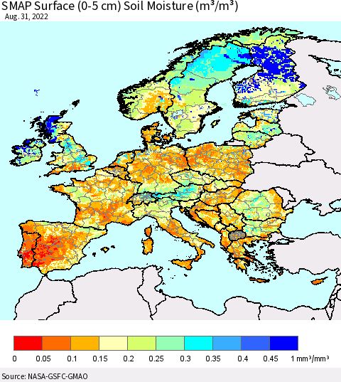 Europe SMAP Surface (0-5 cm) Soil Moisture (m³/m³) Thematic Map For 8/26/2022 - 8/31/2022