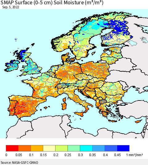 Europe SMAP Surface (0-5 cm) Soil Moisture (m³/m³) Thematic Map For 9/1/2022 - 9/5/2022