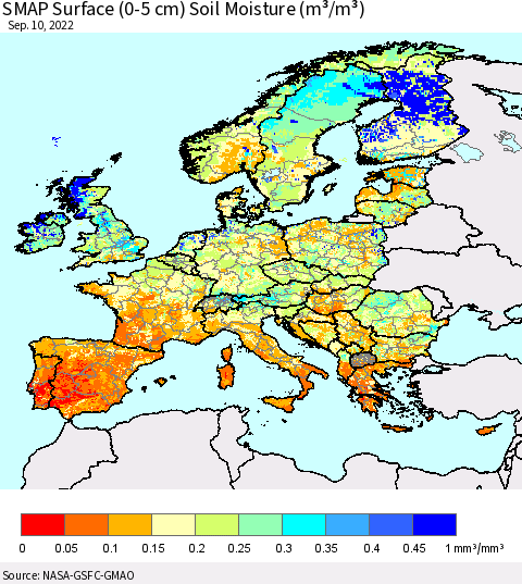 Europe SMAP Surface (0-5 cm) Soil Moisture (m³/m³) Thematic Map For 9/6/2022 - 9/10/2022