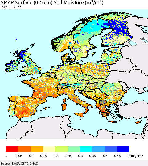Europe SMAP Surface (0-5 cm) Soil Moisture (m³/m³) Thematic Map For 9/16/2022 - 9/20/2022