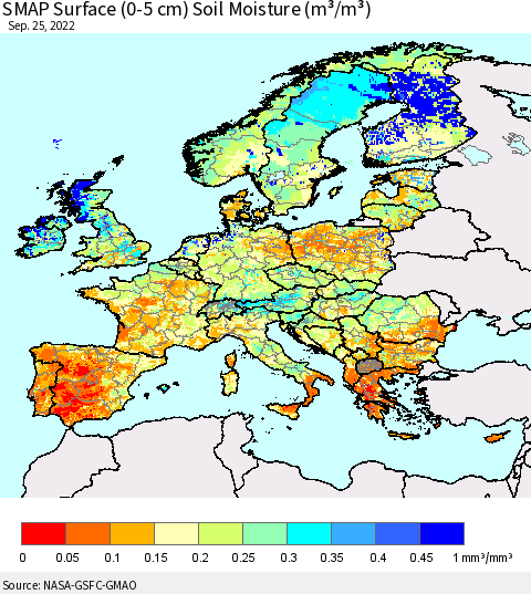 Europe SMAP Surface (0-5 cm) Soil Moisture (m³/m³) Thematic Map For 9/21/2022 - 9/25/2022