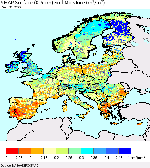 Europe SMAP Surface (0-5 cm) Soil Moisture (m³/m³) Thematic Map For 9/26/2022 - 9/30/2022