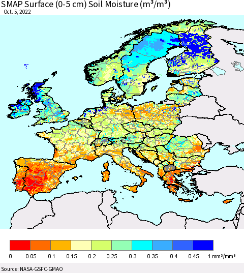 Europe SMAP Surface (0-5 cm) Soil Moisture (m³/m³) Thematic Map For 10/1/2022 - 10/5/2022