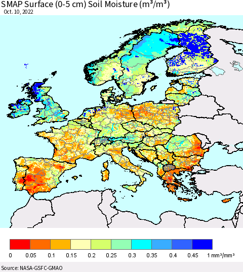 Europe SMAP Surface (0-5 cm) Soil Moisture (m³/m³) Thematic Map For 10/6/2022 - 10/10/2022