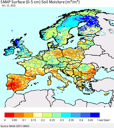 Europe SMAP Surface (0-5 cm) Soil Moisture (m³/m³) Thematic Map For 10/11/2022 - 10/15/2022