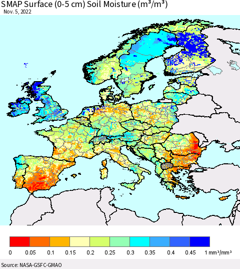 Europe SMAP Surface (0-5 cm) Soil Moisture (m³/m³) Thematic Map For 11/1/2022 - 11/5/2022