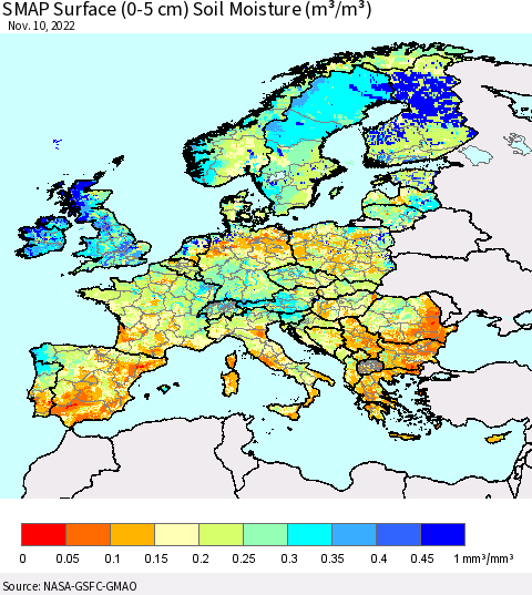 Europe SMAP Surface (0-5 cm) Soil Moisture (m³/m³) Thematic Map For 11/6/2022 - 11/10/2022