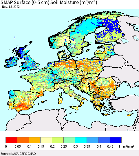 Europe SMAP Surface (0-5 cm) Soil Moisture (m³/m³) Thematic Map For 11/11/2022 - 11/15/2022