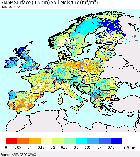 Europe SMAP Surface (0-5 cm) Soil Moisture (m³/m³) Thematic Map For 11/16/2022 - 11/20/2022