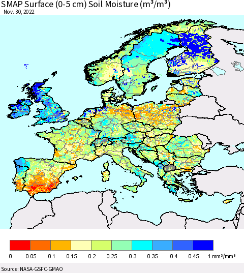 Europe SMAP Surface (0-5 cm) Soil Moisture (m³/m³) Thematic Map For 11/26/2022 - 11/30/2022