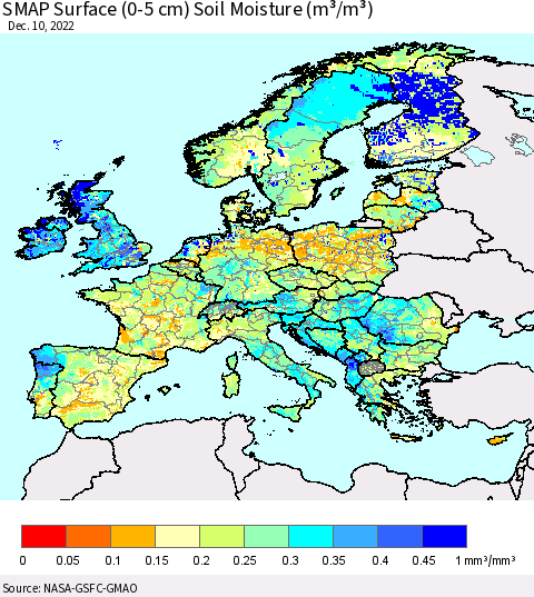 Europe SMAP Surface (0-5 cm) Soil Moisture (m³/m³) Thematic Map For 12/6/2022 - 12/10/2022