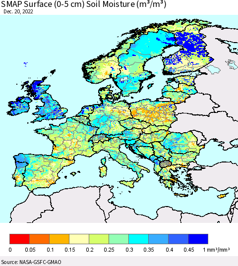 Europe SMAP Surface (0-5 cm) Soil Moisture (m³/m³) Thematic Map For 12/16/2022 - 12/20/2022