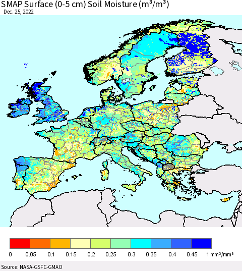 Europe SMAP Surface (0-5 cm) Soil Moisture (m³/m³) Thematic Map For 12/21/2022 - 12/25/2022