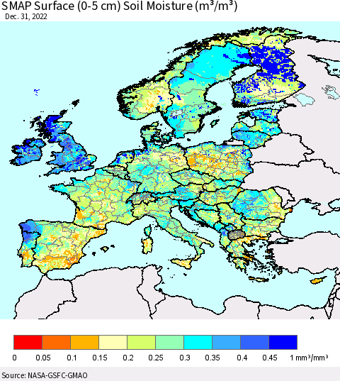 Europe SMAP Surface (0-5 cm) Soil Moisture (m³/m³) Thematic Map For 12/26/2022 - 12/31/2022