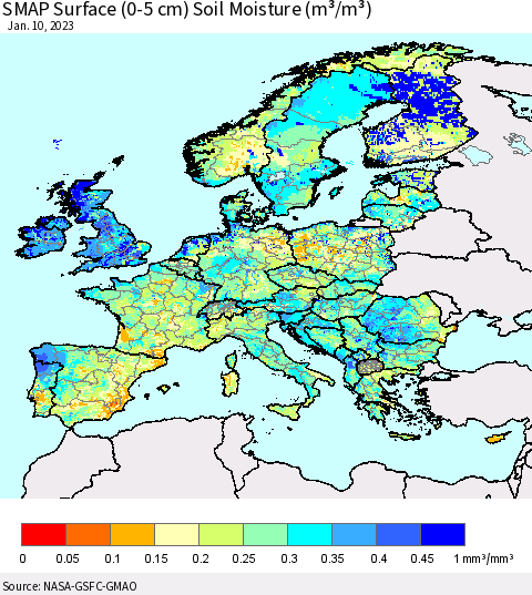 Europe SMAP Surface (0-5 cm) Soil Moisture (m³/m³) Thematic Map For 1/6/2023 - 1/10/2023