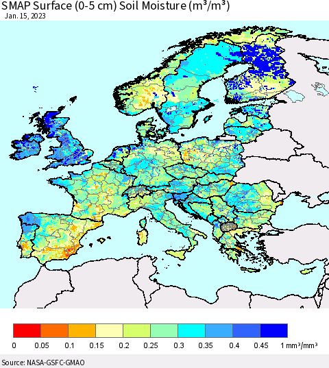 Europe SMAP Surface (0-5 cm) Soil Moisture (m³/m³) Thematic Map For 1/11/2023 - 1/15/2023